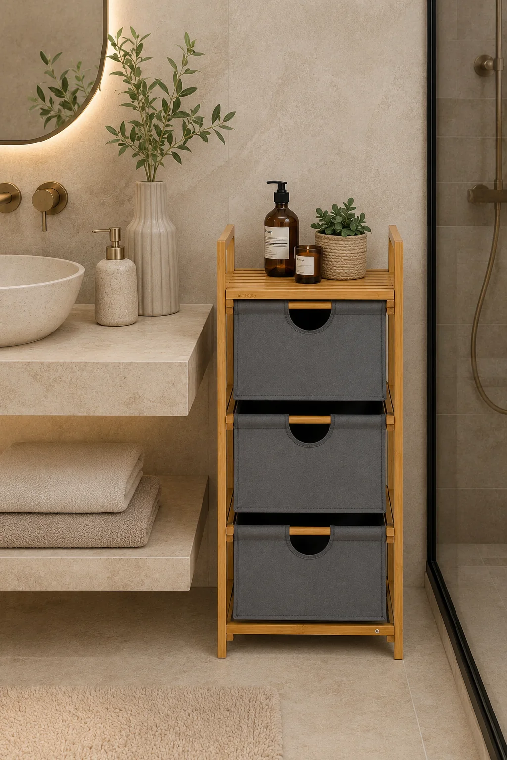 Robin Home Bambu 3 Raflı Çamaşır Sepeti Banyo Mutfak Organizeri Raflı Dolap Bej