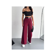 Winmoda34 Kadın Kemer Detaylı Bol Paça Geniş Kesim Baggy Kumaş Pantolon Bordo