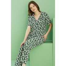 Siyah İnci Bürümcük Krınkıl Kumaş Örme Düğmeli Pijama Takım25118563 Çok Renkli
