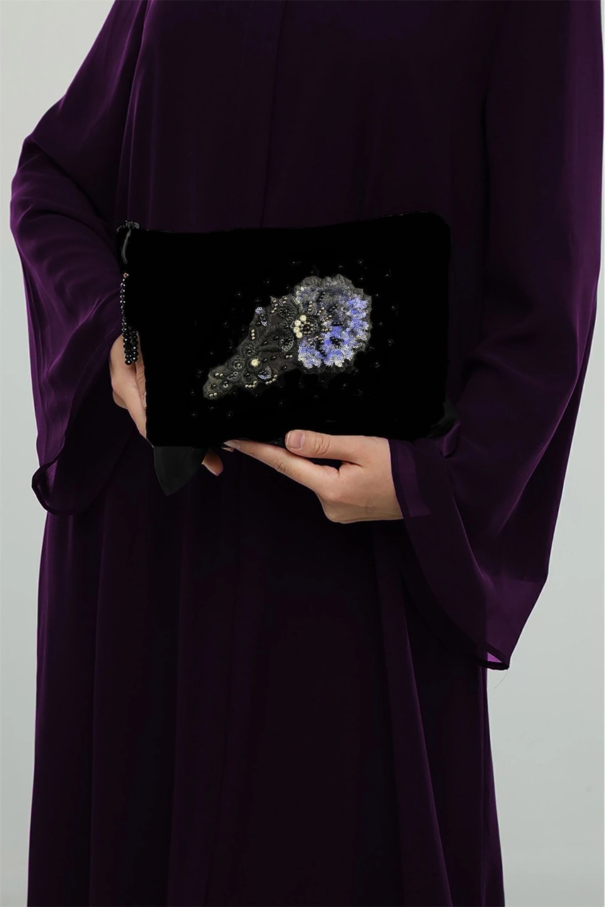 Elysianfidan Portföy Clutch Özel Tasarım El İşlemeli Payetli Saten Siyah Çantası Siyah Payet