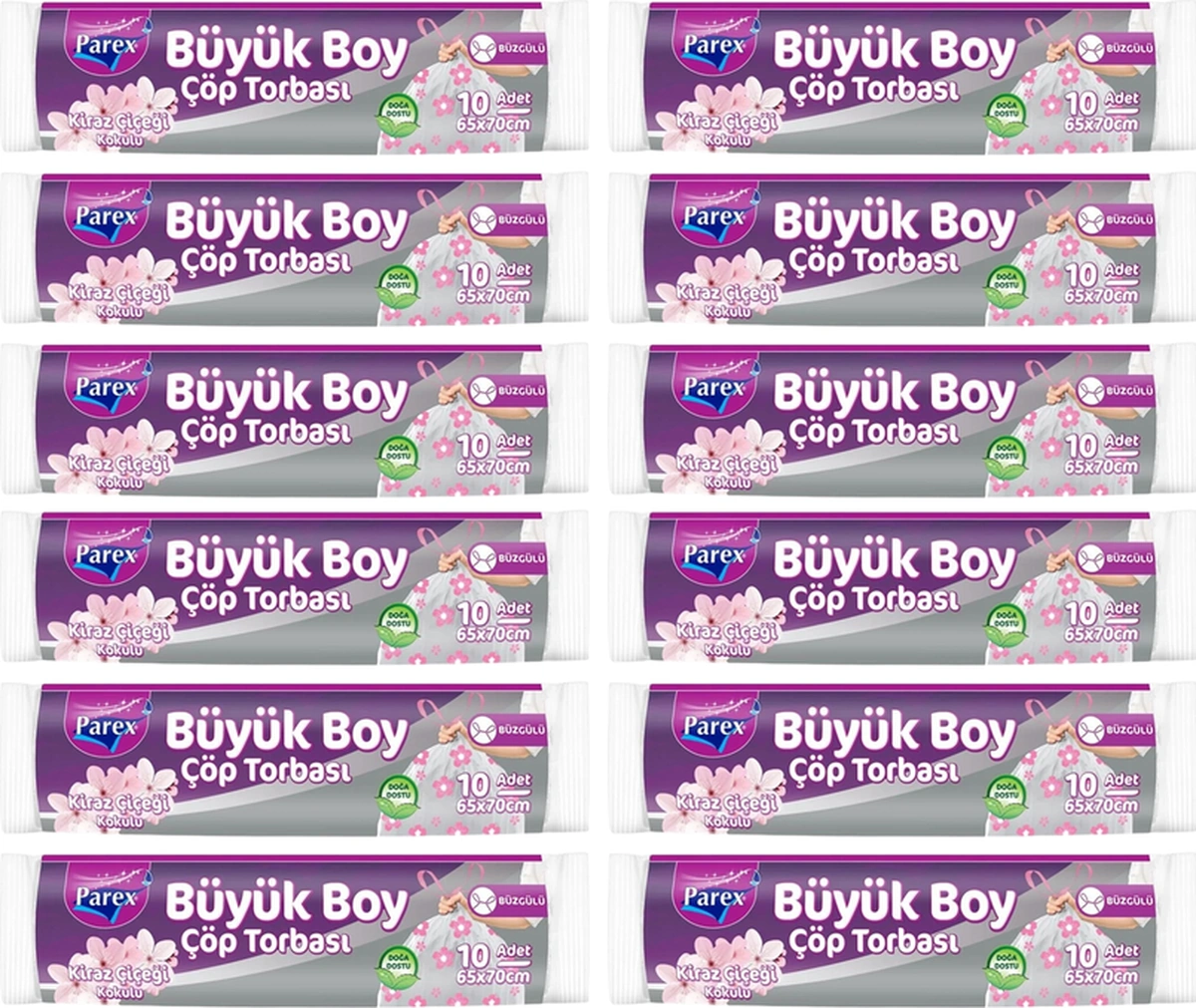 Büzgülü 10'lu Çöp Torbası Kiraz Çiçeği Kokulu Büyük Boy 65 X 70 Cm Onikili Paket