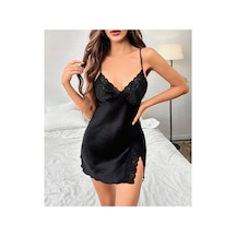 Lily Bianca Nightwear Göğüs Kısmı Dantel Detaylı Yırtmaçlı Saten Gecelik Siyah