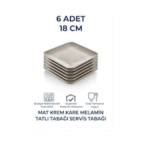 6 Adet Mat Krem Kare Melamin Tatlı Tabağı Servis Tabağı - Bulaşık Makinesinde Yıkanabilir 18 Cm