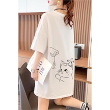 Fish And Cat Kadın Oversize Basic Bisiklet Yaka Pamuklu T-shirt Rahat Kesim Unisex Beyaz