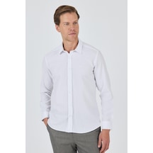 İmza Uzun Kol Desenli Armürlü Sert Yaka Cepsiz Pamuklu Classic Slim Fit Gömlek 1004250191 Beyaz