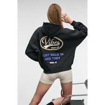 Grımelange Luxe Kadın Renk Nakışlı Ve Arkası Baskı Detaylı Kapüşonlu Antrasit Sweatshirt Antrasit