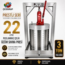 Çezgrup Prestij 22 Litre Full 304 Paslanmaz Çelik Üzüm Sıkma Presi 3 Ton Krikolu Profesyonel Seri
