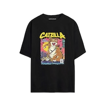 Retro Catzilla Baskılı Unisex Siyah Oversize T-shirt SIYAH