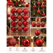12'li Set 4 Cm Kırımızı Yılbaşı Ağacı Süsü Mat, Simli Ve Parlak Karışık Çam Ağacı Topu Noel Süsü Diğer