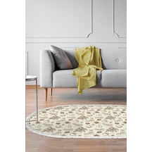 Alanur Home Kaymaz Dijital Mutfak & Salon Halı Trend Saçaklı Oval Vintage Al5012 Bej