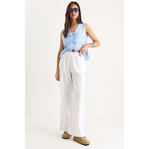 Kadın Beli Lastikli Paça Detaylı Palazzo Kalıp Pamuk Gabardin Yazlık Pantolon 60283323 - Beyaz