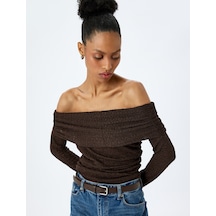 Koton Dantel Detaylı Uzun Kollu Omzu Açık Slim Fit Tişört Kahverengi 5wak50370ek Kahve