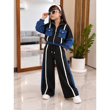 Kokoş Bebe Kot Garnili Şerit Detaylı Kız Çocuk 2 Li Eşofman Takım -5/12 Yaş - 31932 Siyah