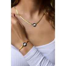 Papatya Silver 925 Ayar Gold Kaplama Mineli Lotus Çiçeği Yassı Zincir Kolye-Bileklik Set