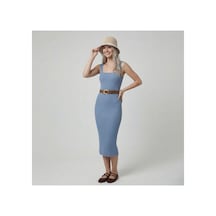 Neden Tekstil Premium Fit Kare Yaka Fitilli Triko Midi Elbise - Mavi