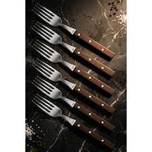 Lazbisa Mtf-061 Hand Craft Serisi Steak Et Yemek Kahvaltı Çatalı 6 Lı Set Mutfak Bıçak Günlük Kullanım Kahverengi