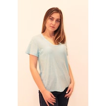 Rich Kadın Organik V Yaka T-shirt %100 Pamuk Tişört Mavi