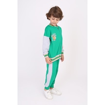 Toontoy Kids Toontoy Erkek Çocuk 2'li Takım Baskılı Kolej Yaka Fermuarlı Sweatshirt & Beli Paçası Lastikli Jogger Eşofman Altı - Renk Bloklu & 2 İplik Yeşil