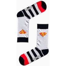 Beyaz Superman Desenli Renkli Çorap