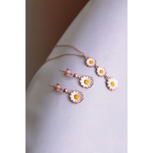 Papatya Silver 925 Ayar Gümüş Rose Kaplama Mineli Papatya Küpe Kolye Set