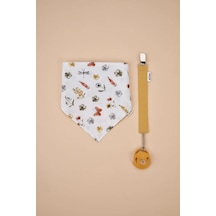 E&f Store Organik Sertifikalı Çift Katlı Müslin Mama Önlüğü Ve %100 Pamuk Hardal Sarısı Emzik Askısı Seti Çok Renkli