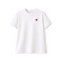 Mixray 2056 Kadın %100 Pamuk Kalp Nakışlı Bisiklet Yaka T-shirt Beyaz BEYAZ