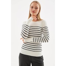 Fashion Friends Bisiklet Yaka Çizgili Beyaz Siyah Kadın Kazak 25k0023k1 Beyaz Siyah