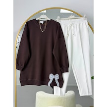 Lovie Moda Kurdele Nakışlı Tesettür Tunik Pantolonlu Takım Kahverengi