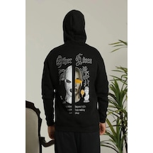 Epilons Zenda1125 Erkek Kapşonlu Sweatshirt Oversize Üç İplik Şardonlu Hoodie, Other Lives Ön - Arka Baskılı, Siyah