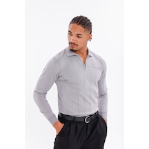 Monox Erkek Yarım Fermuarlı Polo Yaka Triko Kazak Gri