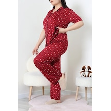 Modi Milan Büyük Beden Düğmeli Pijama Takımı Bordo - 53655.1857. Açık Bordo