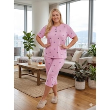 Büyük Beden Kısa Kol Kapri Yumuşak Tuşeli Likralı Örme Pijama Takımı 8649 Lila
