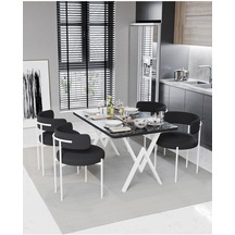 Avvio Majer Beyaz Teddy Sandalye 80x120 Yemek Masası Mutfak Masası 4 Kişilik Masa Sandalye Takımı Siyah Mermer Model