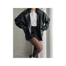 Meecy Unisex Oversize Vintage Siyah Deri Ceket Siyah Siyah
