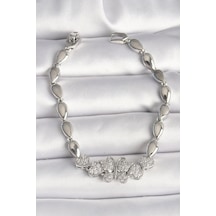 Pirinç Gümüş Renk Zirkon Taşlı Kelebek Figür Damla Zincir Model Kadın Bileklik Gümüş