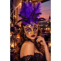 Mor Gold Tüylü Venedik Maskesi Taşlı Simli Yılbaşı Halloween Cadılar Bayramı Balo Parti Maskesi