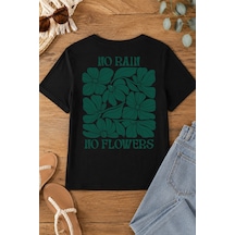 Spoyi Yeşil Yağmur Çiçekleri Tasarımlı %100 Pamuk Yarım Oversize Siyah T-shirt