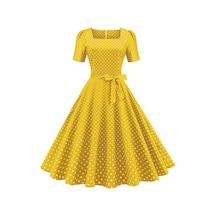 Vintage Puantiyeli Elbise Klasik Film Tarzı Tasarım Kare Zarif Zamansız Retro Yaka Kadın Elbise Sarı