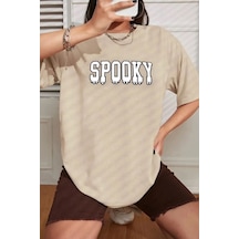 Unisex Spooky Baskılı Tasarım T-shirt Bej