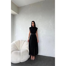 Neşeli Butik Kadın Kuşağı Taş Detaylı Midi Şifon Elbise Nbmy3509 Siyah
