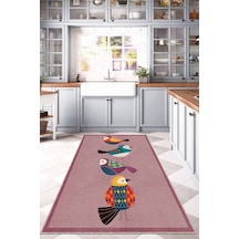 Pembe Kaymaz Taban Yıkanabilir Papağanlı Mutfak Halısı Ar863n11