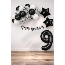 Siyah Konsept 9 Yaş Doğum Günü Kutlama Seti Beyaz Siyah Konfetili Balon, Rakam Yıldız Folyo Ve Banner 2 Yaş Mavi
