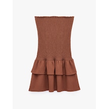 Koton Bürümcük Kumaş Katlı Volanlı Slim Fit Gipeli Straplez Mini Elbise Kahverengi 6sal80243ık Kahve