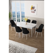 Canisa Concept Zen Serisi 80x132 Mdf Açılabilir Beyaz Mermer Desen Masa Takımı Ve 6 Siyah Sandalye Masa Beyaz Mermer Desen 6 Siyah Sandalye