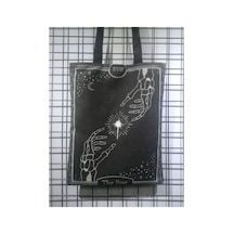 Owl Bag Gotik Tarz The Star Desenli Tasarım Kumaş Omuz Çantası Siyah Beyaz