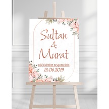 Söz Nişan Düğün İçin 50x70 Karşılama Panosu - Çiçek Desenli 001 Beyaz