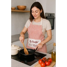 Çizgili Mutfak Önlüğü Cepli Baskılı Dayanıklı Kumaş Önlük Kırmızı