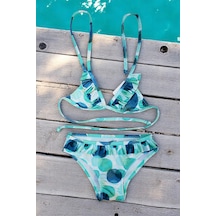 Lolliboomkids Kız Çocuk Fırfır Detaylı Üçgen Bağlamalı Yeşil Geometrik Desenli Bikini Takımı Yeşil