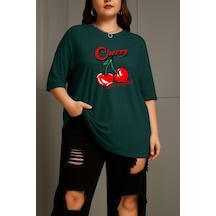 Büyük Beden Cherry Kiraz Baskılı Unisex Tişört Yeşil
