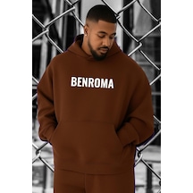 Benroma 3 İplik Penye Baskılı Büyük Beden Sweatshırt Kahverengi